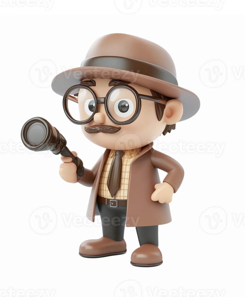 Cartoon Detective Character with Magnifying Glass in Brown Outfit Transparent Background png