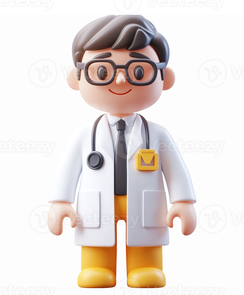Friendly Male Doctor Character with Glasses in White Lab Coat and Stethoscope on Transparent Background png