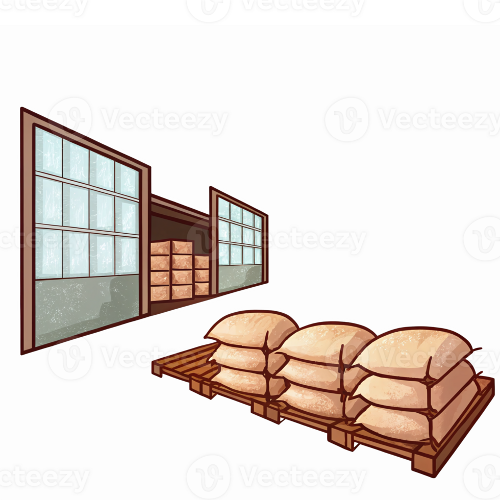 Stylish Warehouse Interior with Stacked Sacks on Pallet and Large Windows for Industrial Design png