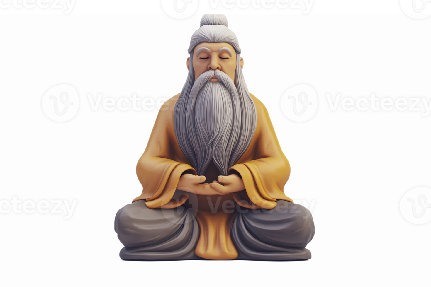Serene Elderly Monk Meditating in Traditional Robes with Long Beard on Transparent Background png