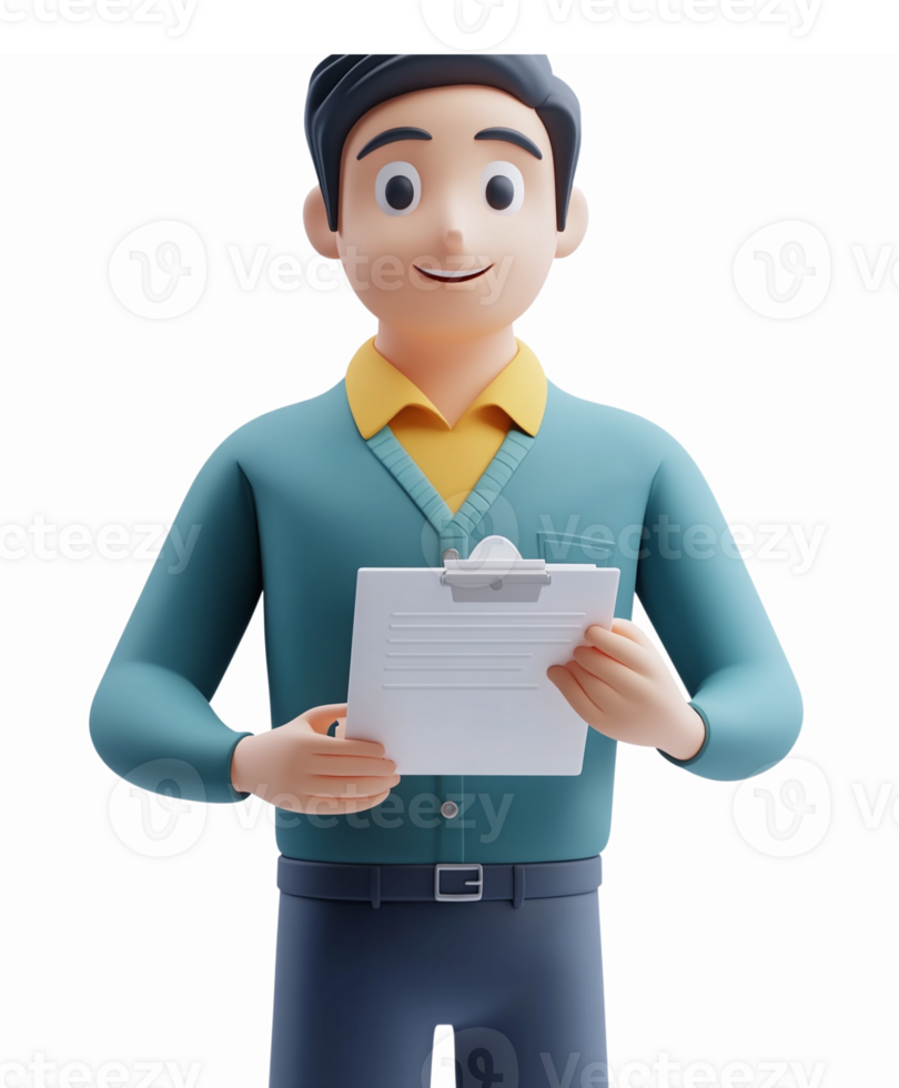 Friendly Male Character Holding Clipboard in Casual Attire for Business and Coaching Applications png