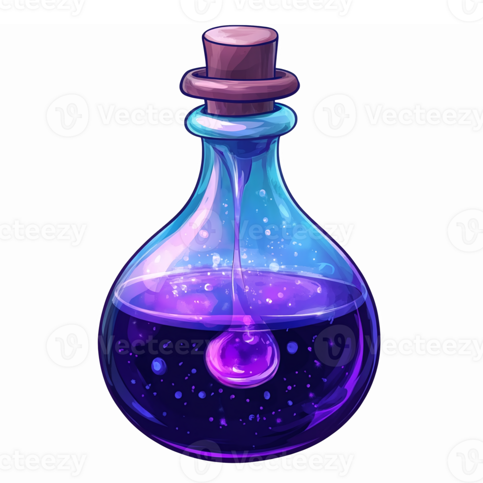 Magical Potion Bottle with Colorful Liquid and Glittering Bubbles Transparent Background png