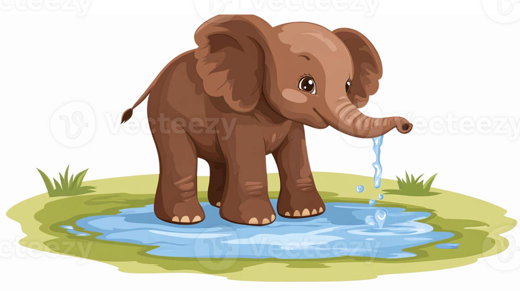 Cute Cartoon Baby Elephant Playing in Water by a Puddle in a Green Natural Environment png