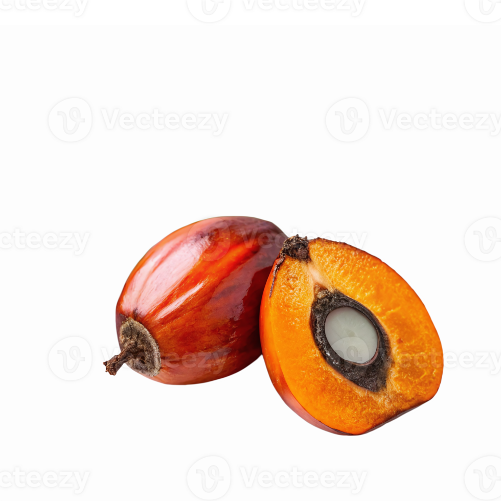 Freshly Sliced Palm Fruit with Vibrant Orange Flesh and Glossy Red Skin on Transparent Background png