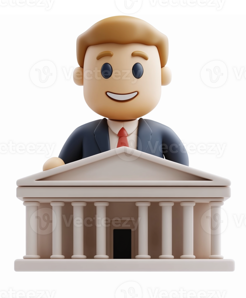 3D Cartoon Character with Government Building Symbolizing Leadership and Civic Engagement png