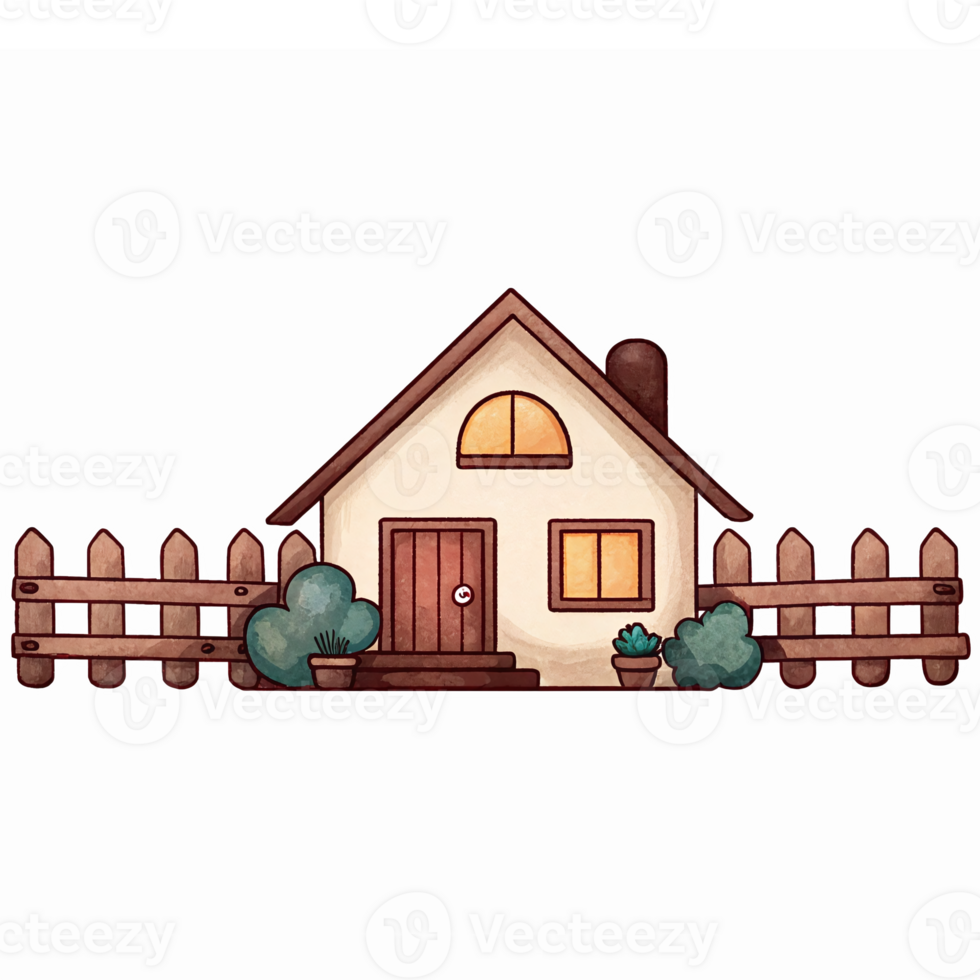Cozy Cartoon House with Fence and Greenery for Home or Gardening Projects png