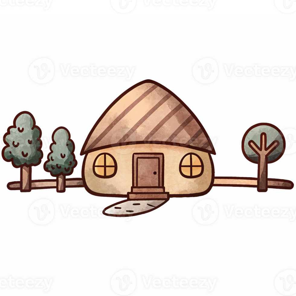 Charming Hand-Drawn Cottage Surrounded by Lush Trees Ideal for Home and Garden Designs png