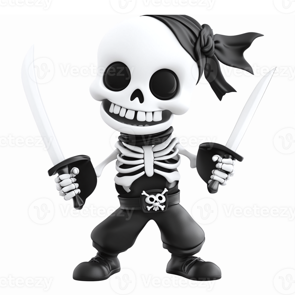 Playful Pirate Skeleton Character with Swords and Bandana for Halloween Party Decorations png