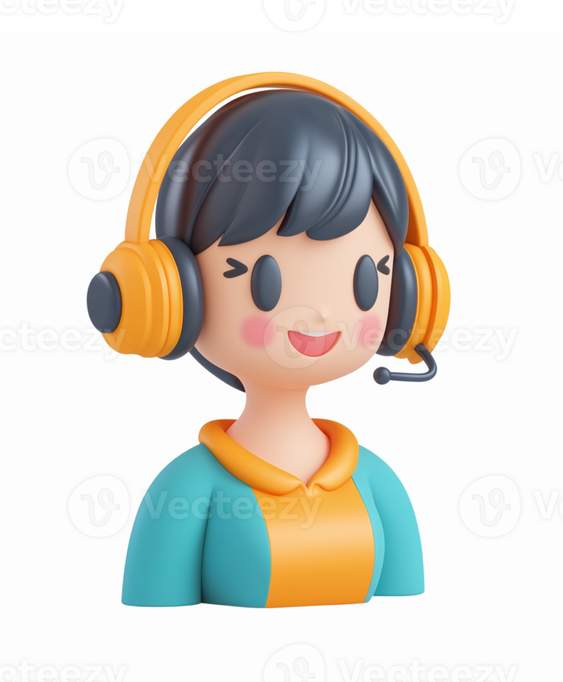 3D Cartoon Character with Headphones Smiling Ideal for Customer Support and Communication Themes png