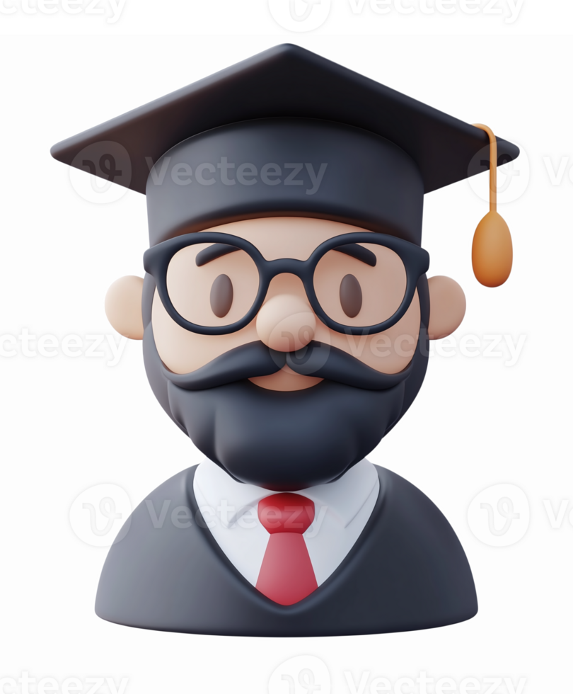 Graduation Cap Wearer Character with Glasses and Beard for Educational Illustrations png