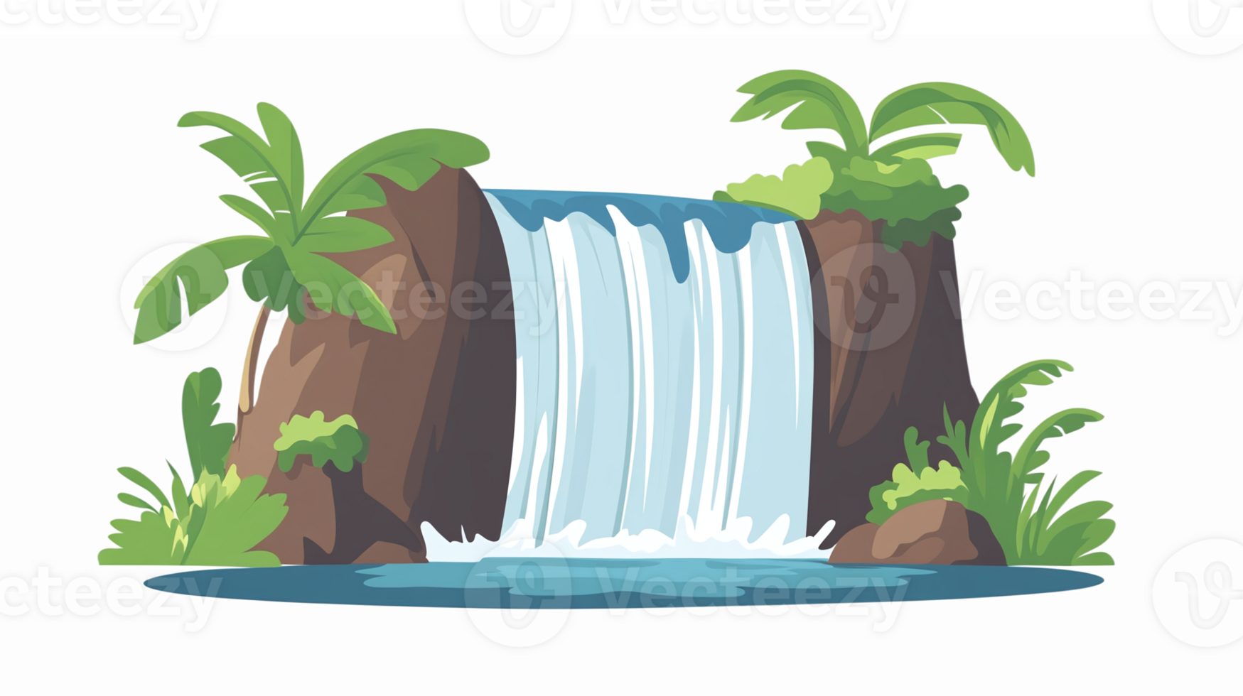 Beautiful Tropical Waterfall Surrounded by Lush Green Foliage and Vibrant Palm Trees png