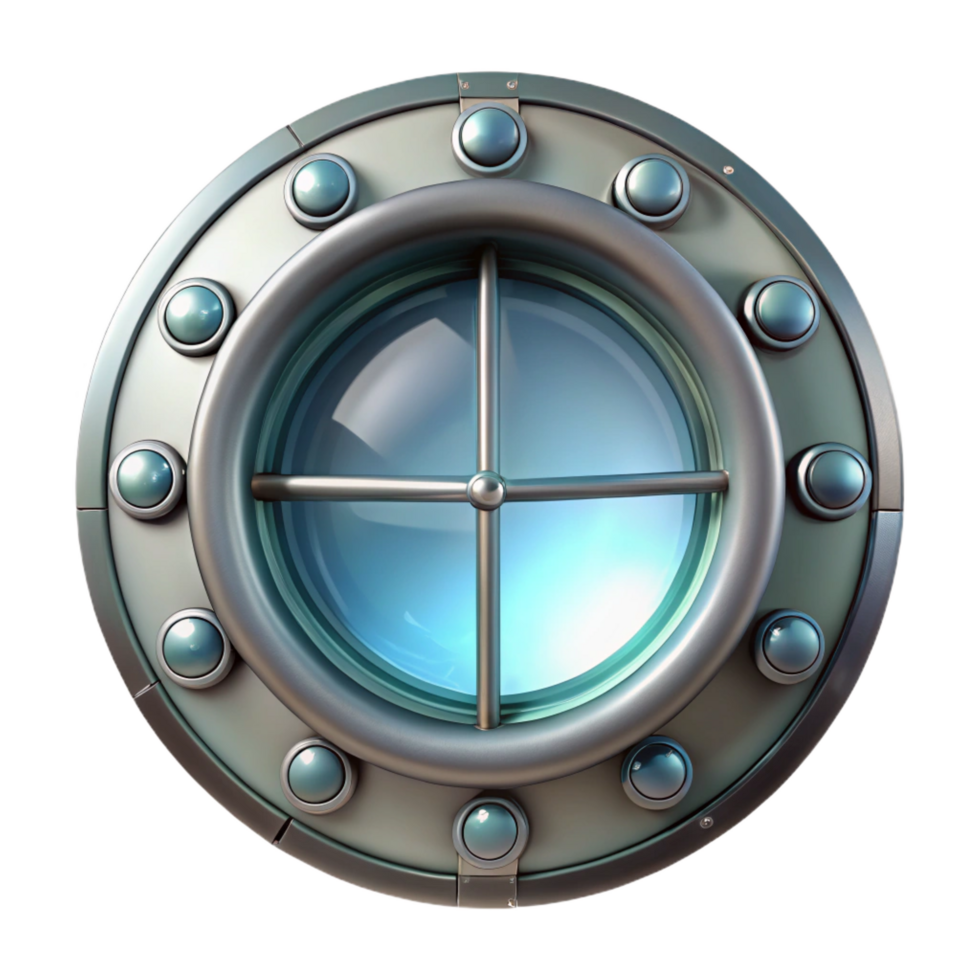 serene abstract Spaceship window, reinforced glass, circular shape high quality png