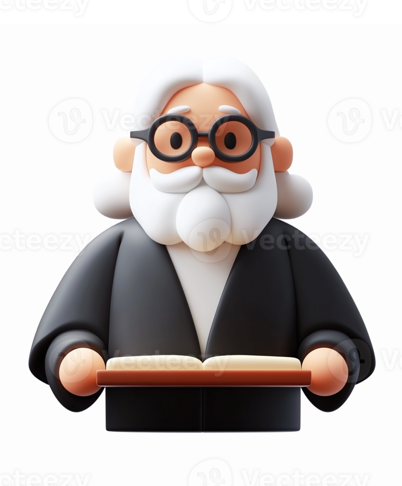 Elderly Scholar Holding Open Book Character with Glasses and White Hair in Professional Attire png