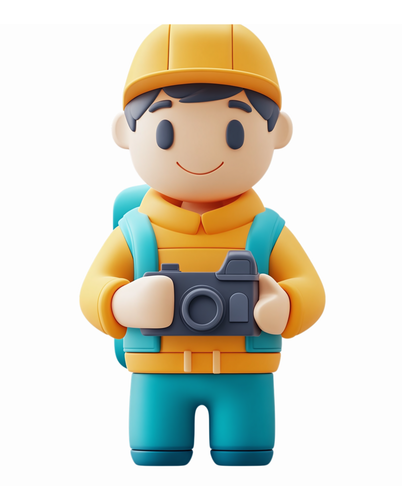Playful Cartoon grapher Character with Camera Wearing Yellow Hat and Backpack png