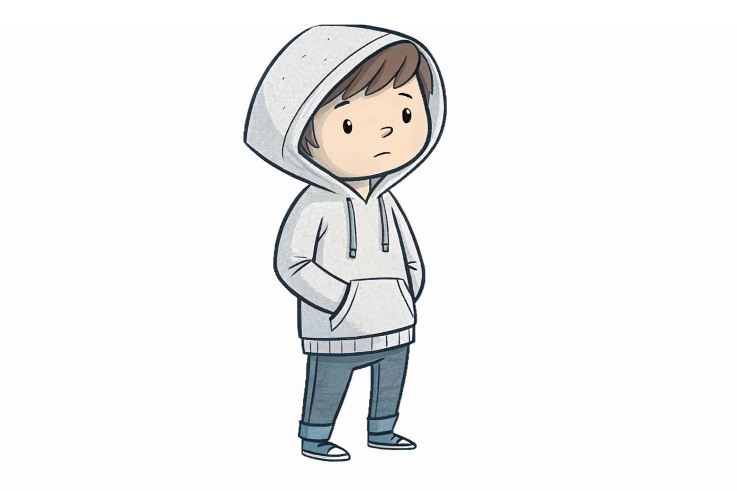 Cute Cartoon Boy in Gray Hoodie with Hands in Pockets Standing on Transparent Background png