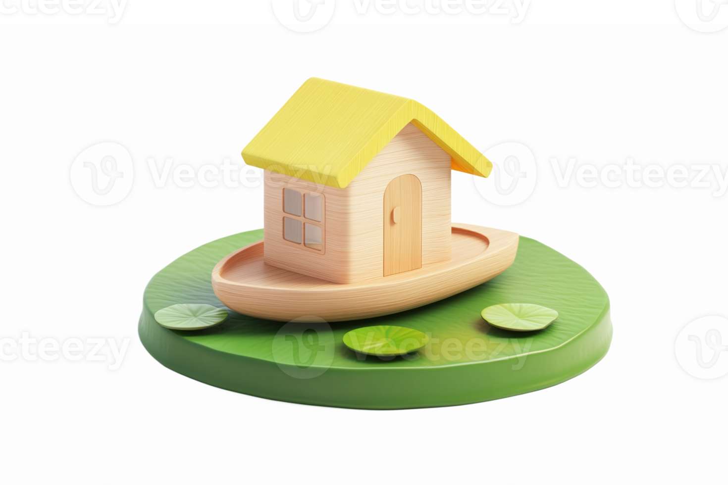 Whimsical Wooden House on Leafy Pond with Floating Lilypads and Bright Yellow Roof png