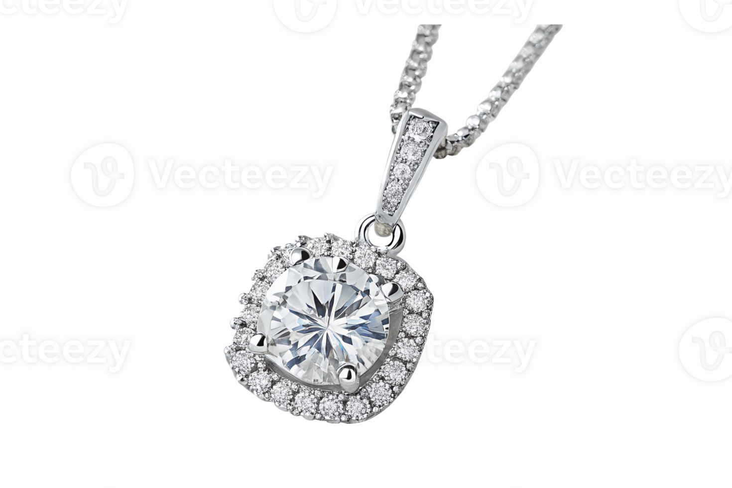 Elegant Silver Necklace with Sparkling Round Diamond Pendant and Detail Chain png