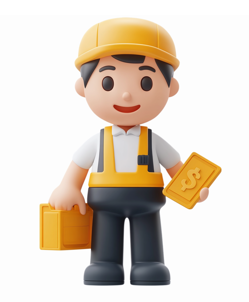 3D Construction Worker Character with Hard Hat Briefcase and Money Symbol for Business Themes png