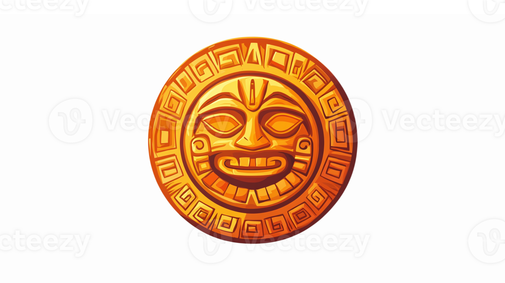 Ancient Aztec Sun Symbol with Intricate Patterns and Smiling Face on Transparent Background png