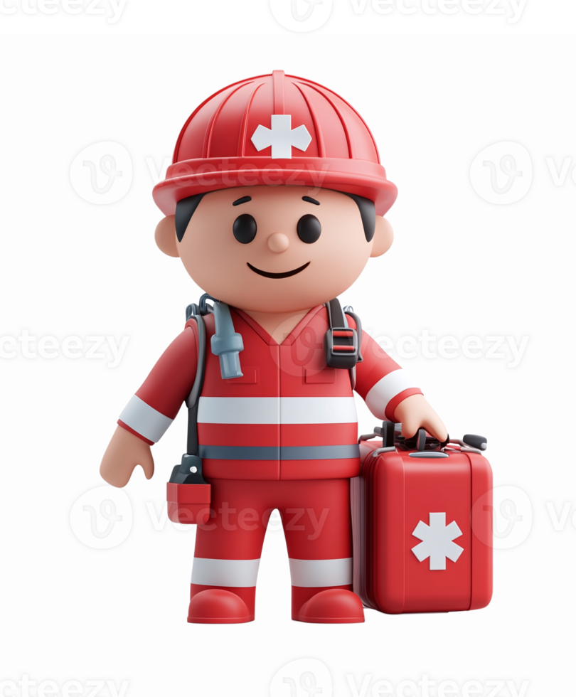 Cute Paramedic Character in Red Uniform Holding Medical Kit with Transparent Background png