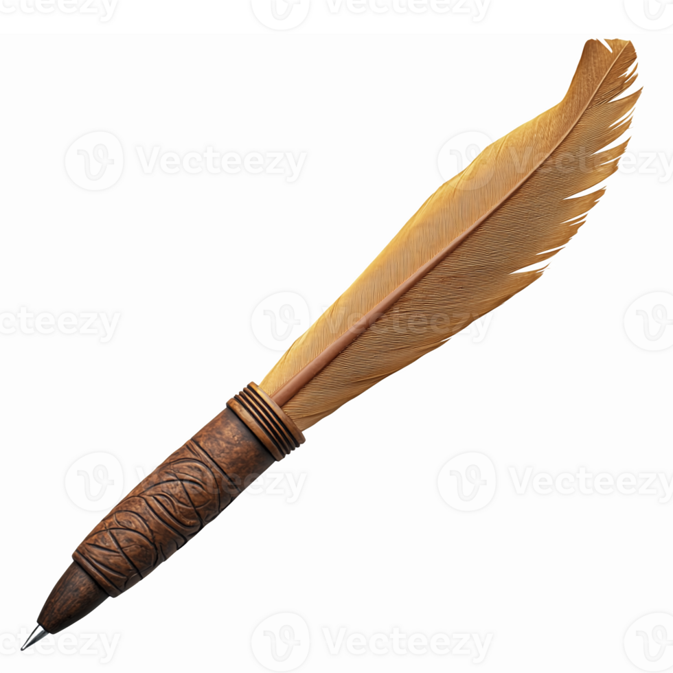 Elegant Golden Feather Pen with Intricate Wood Handle for Writing and Calligraphy png