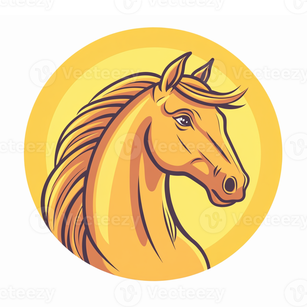 Golden Horse Head Illustration in Circular Design with Vibrant Background for Branding png