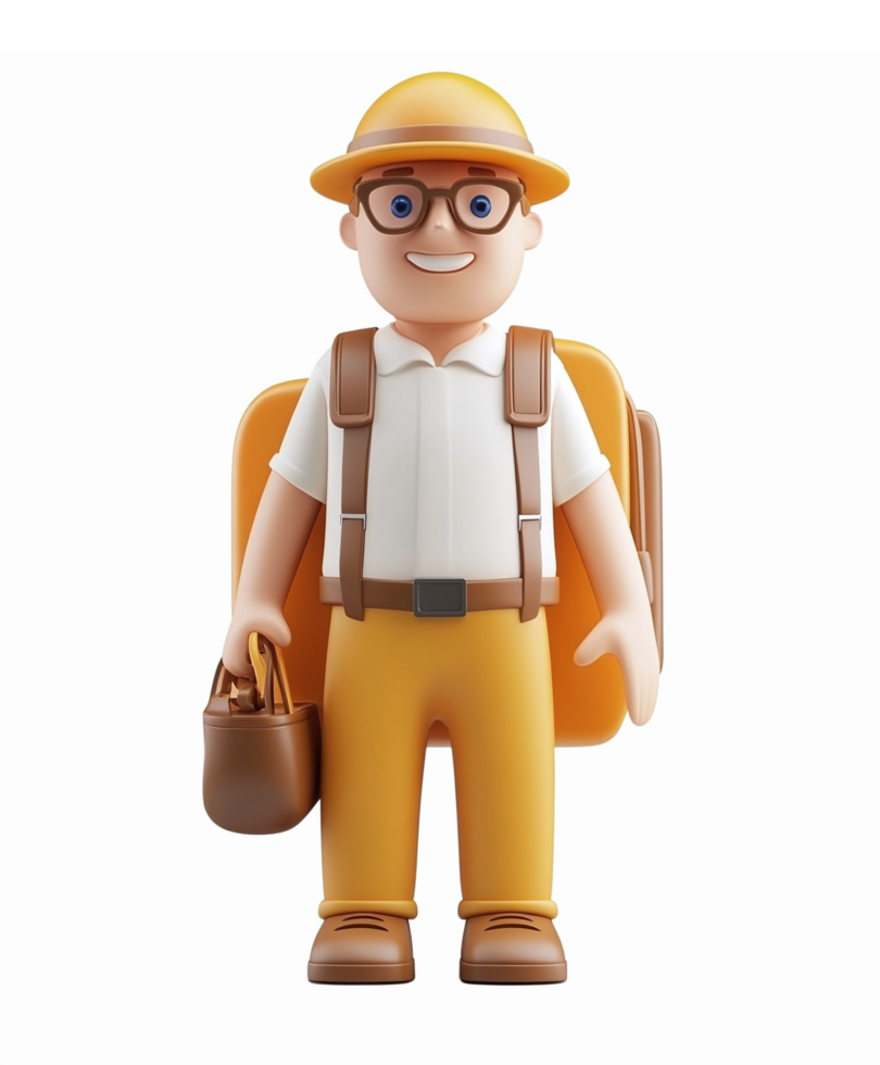 Friendly Male Construction Worker Character with Tools and Backpack in Bright Colors on Transparent Background png