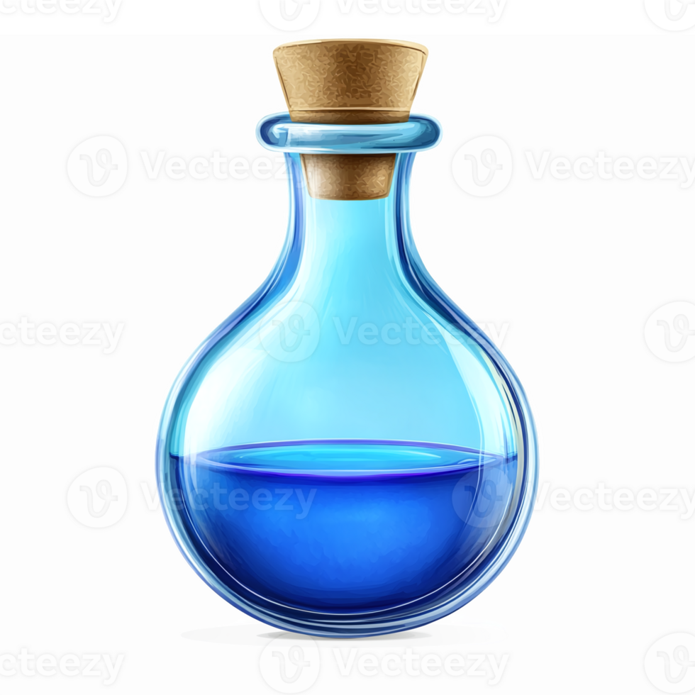 Blue Potion Bottle Illustration with Cork Stopper and Transparent Background png