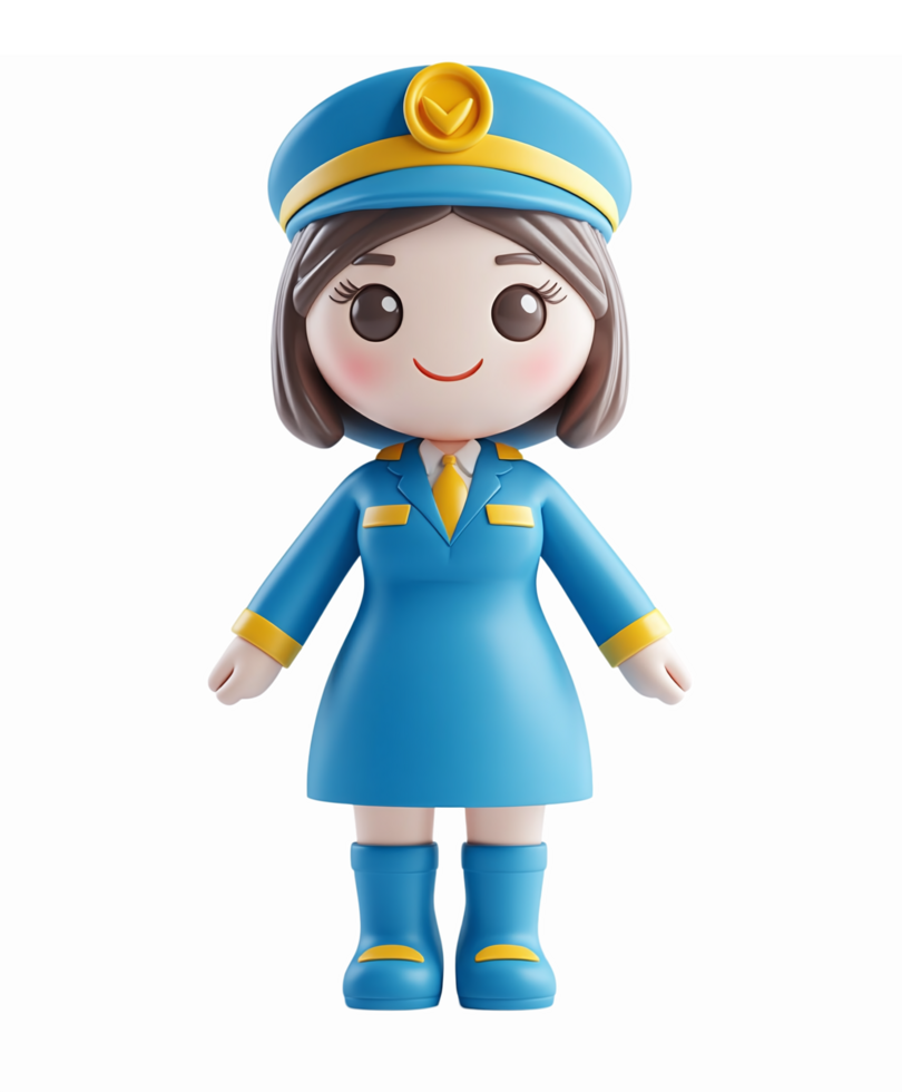 Cute Cartoon Female Character in Blue Uniform with Hat and Smiling Face on Transparent Background png