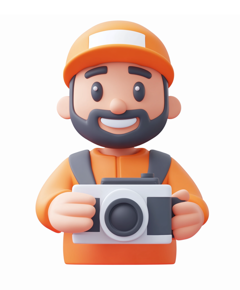 Cheerful grapher Character Holding Camera in Vibrant Orange Outfit with Transparent Background png