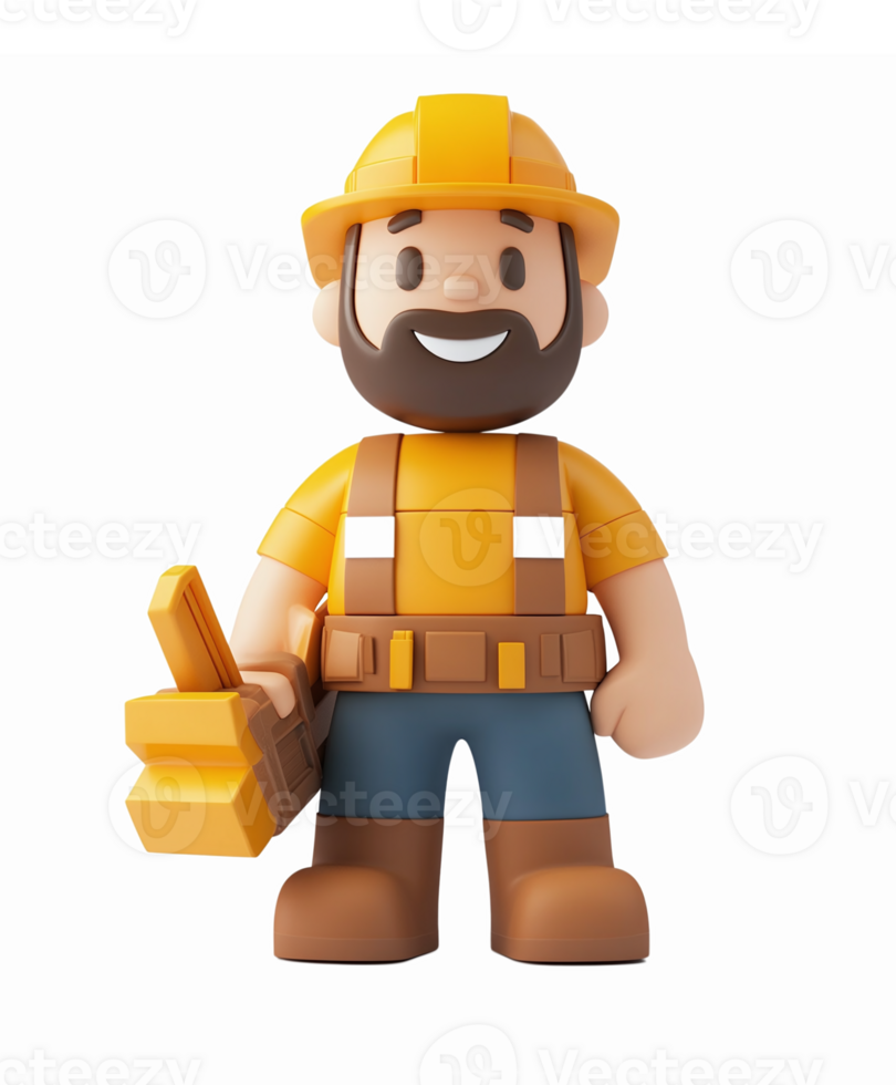 3D Cartoon Construction Worker Character with Safety Helmet and Tools on Transparent Background png