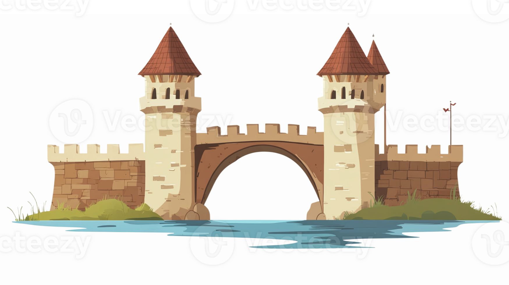 Medieval Castle Bridge with Twin Towers Over Water in a Serene Landscape png