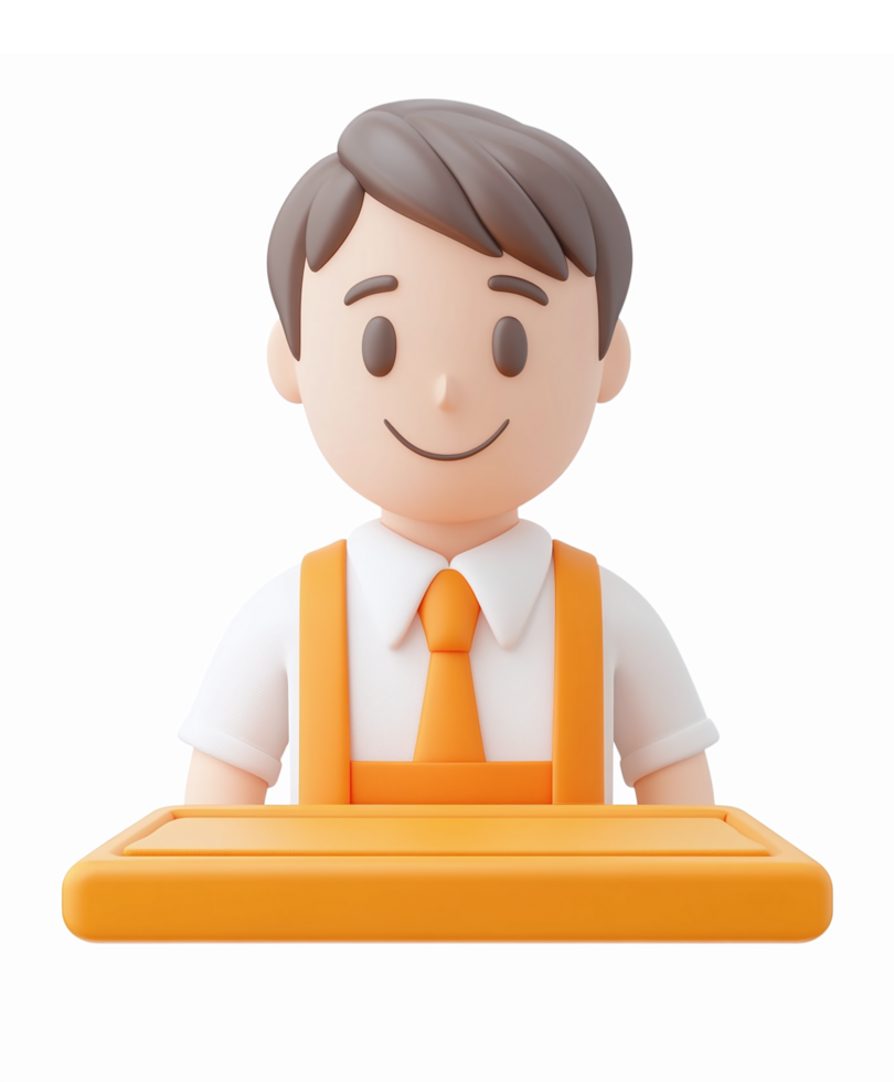 Friendly Male Customer Service Representative with Orange Apron Smiling at Counter png