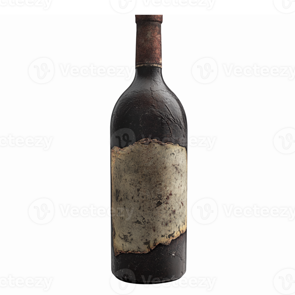 Vintage Wine Bottle with Worn Label and Aged Texture Perfect for Rustic Decor and Crafts png