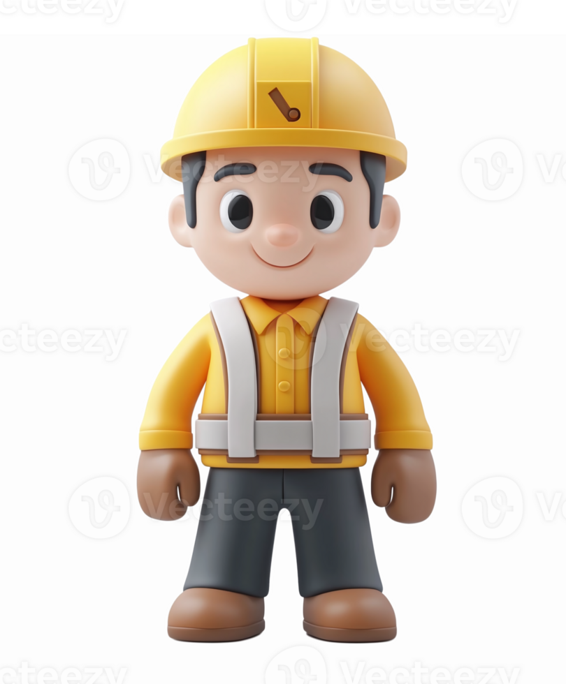 3D Cartoon Construction Worker Character with Hard Hat and Safety Vest for Educational Use png