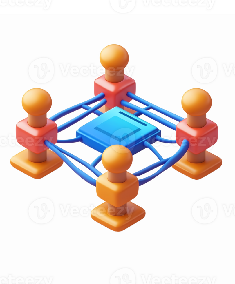 4 Person Network Connection with Central Node and Colorful Lines for Collaboration and Communication png