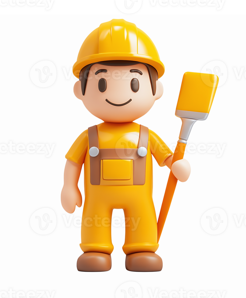Cheerful Construction Worker Character in Bright Yellow Outfit Holding Yellow Spatula png