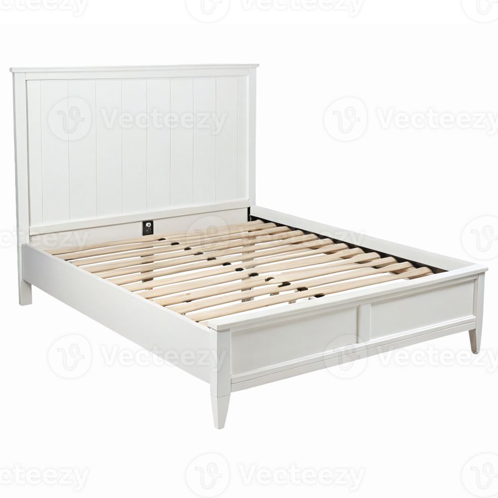 Cozy White Wooden Bed Frame with Slatted Base and Stylish Headboard for Modern Bedrooms png