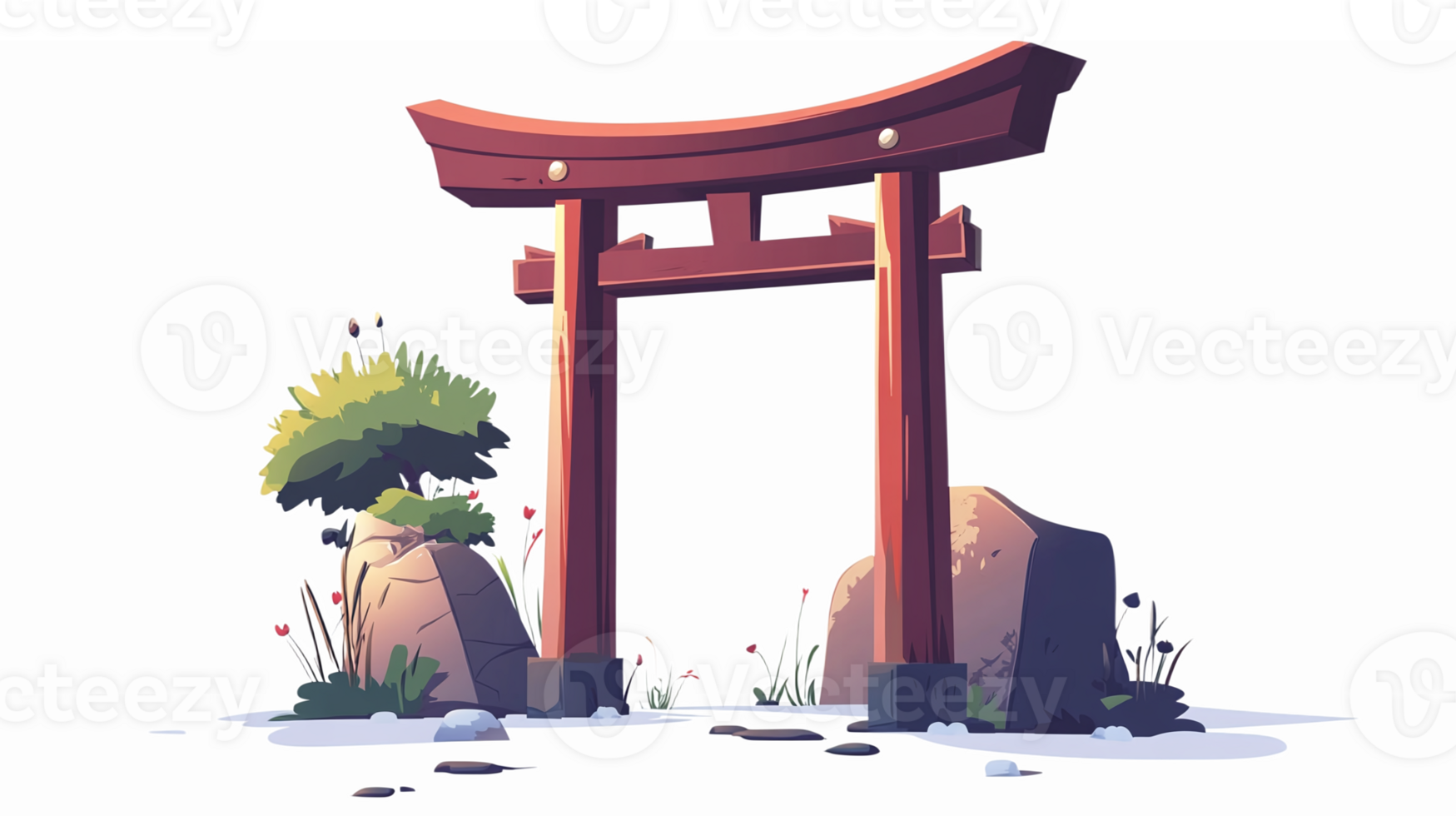 Japanese Torii Gate Surrounded by Lush Greenery and Natural Rocks in Tranquil Landscape png