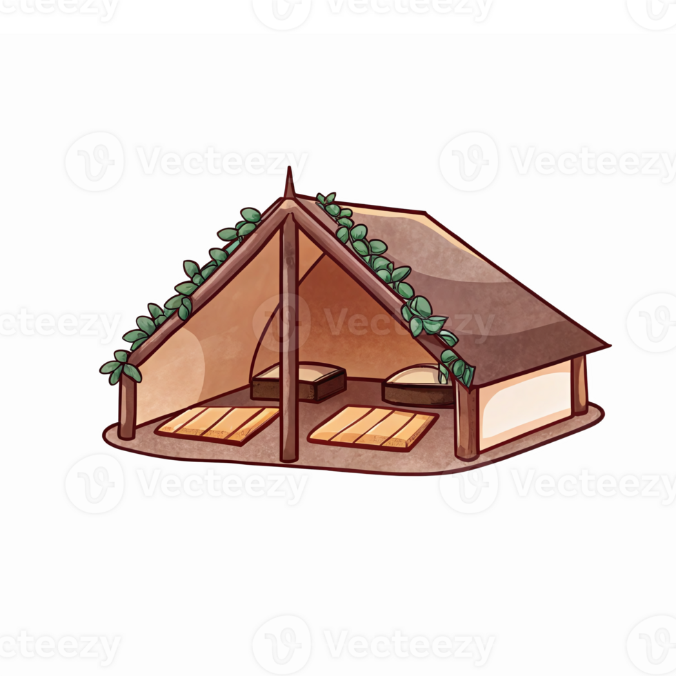 Cozy Camping Tent with Wooden Floor and Greenery for Outdoor Adventures and Gatherings png