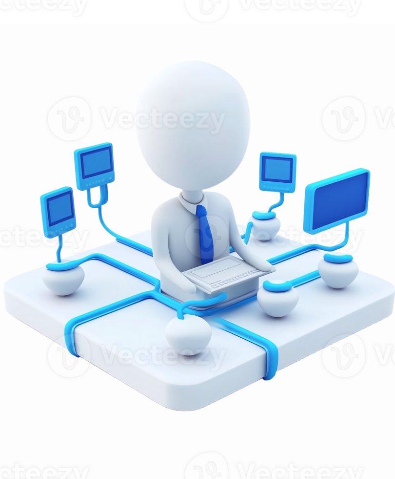 3D Character Managing Network Connections with Multiple Screens and Data Flow png