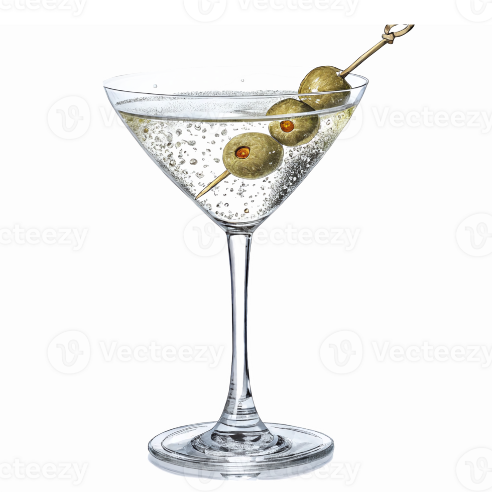 Classic Martini with Green Olives in Elegant Cocktail Glass on Transparent Background png
