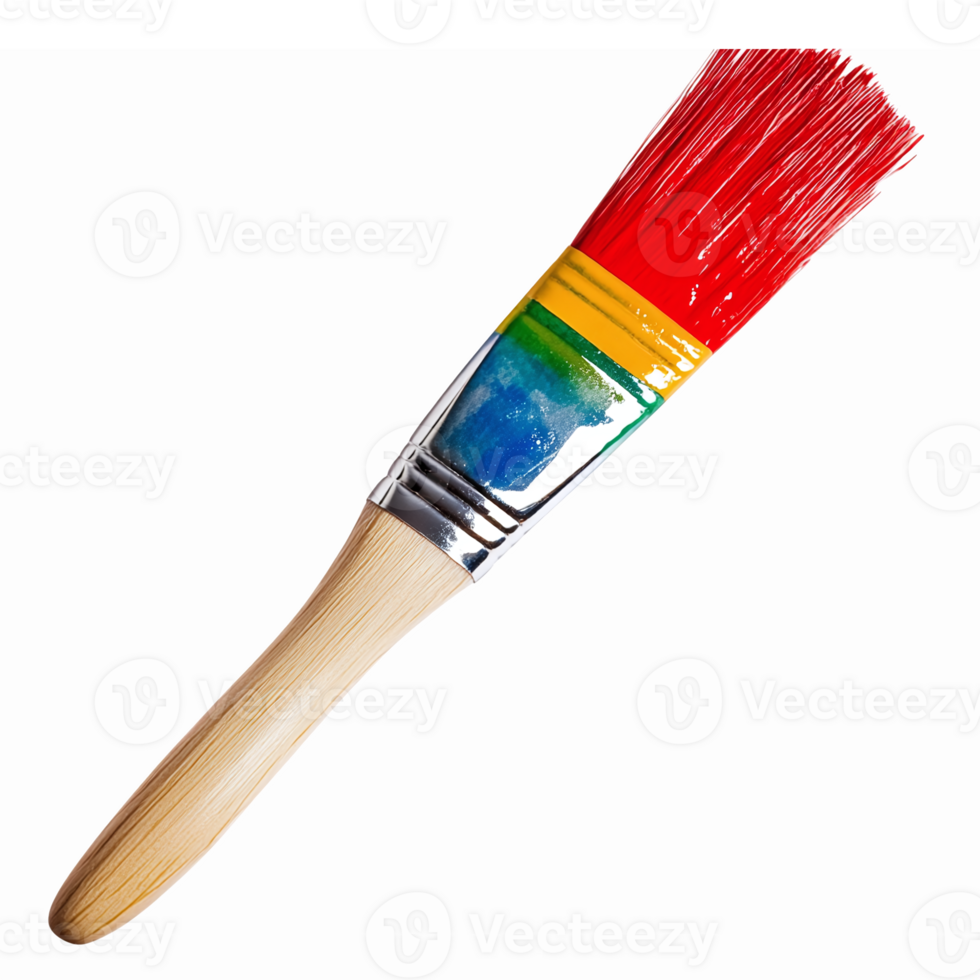 Vibrant Paint Brush with Multicolor Bristles and Wooden Handle for Creative Painting Projects png