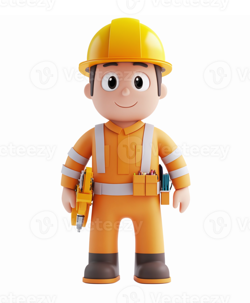 Cheerful Construction Worker Character with Yellow Hard Hat and Tools in Bright Orange Outfit png