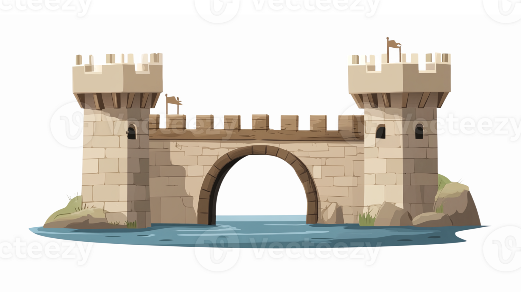Medieval Stone Bridge with Towers Over Water Suitable for Fantasy Illustrations and Games png