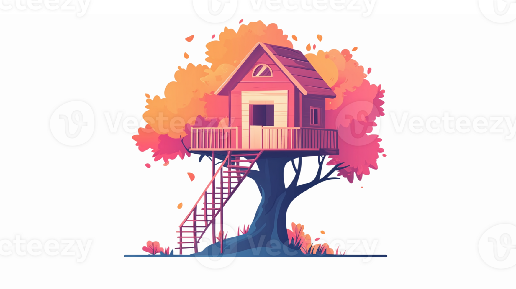 Whimsical Tree House Surrounded by Vibrant Autumn Leaves with a Sturdy Staircase png