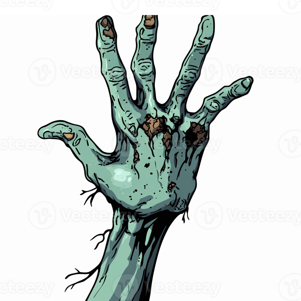 Zombie Hand Reaching Out for Survival in Grimy Illustrative Style Perfect for Halloween Themes png