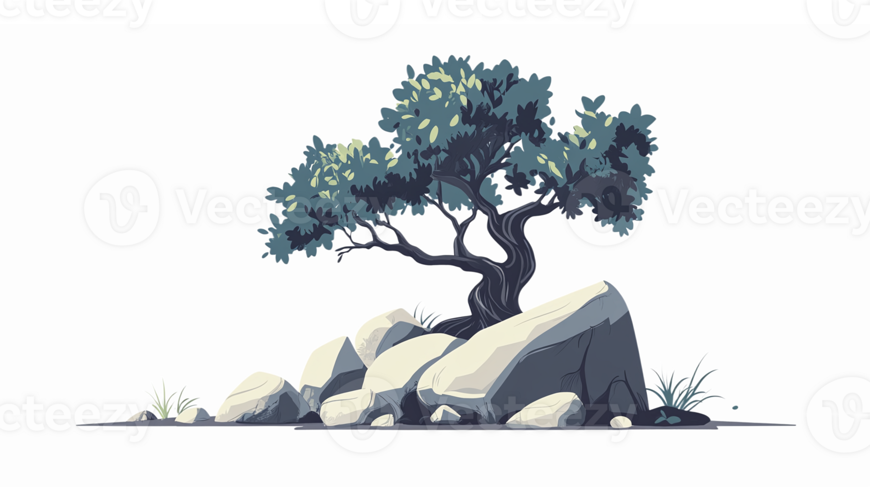Stylized Tree on Rock Design for Nature Themes and Landscaping Projects png