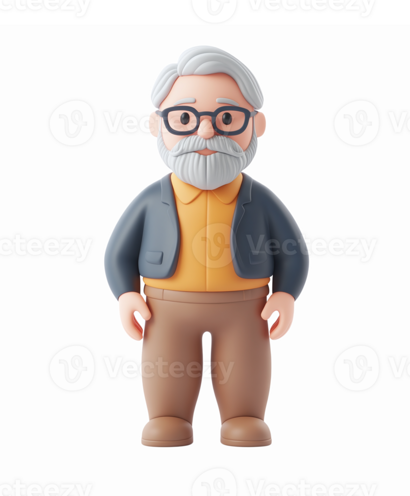 3D Cartoon Grandfather Character with Glasses and Gray Beard for Family and Community Themes png