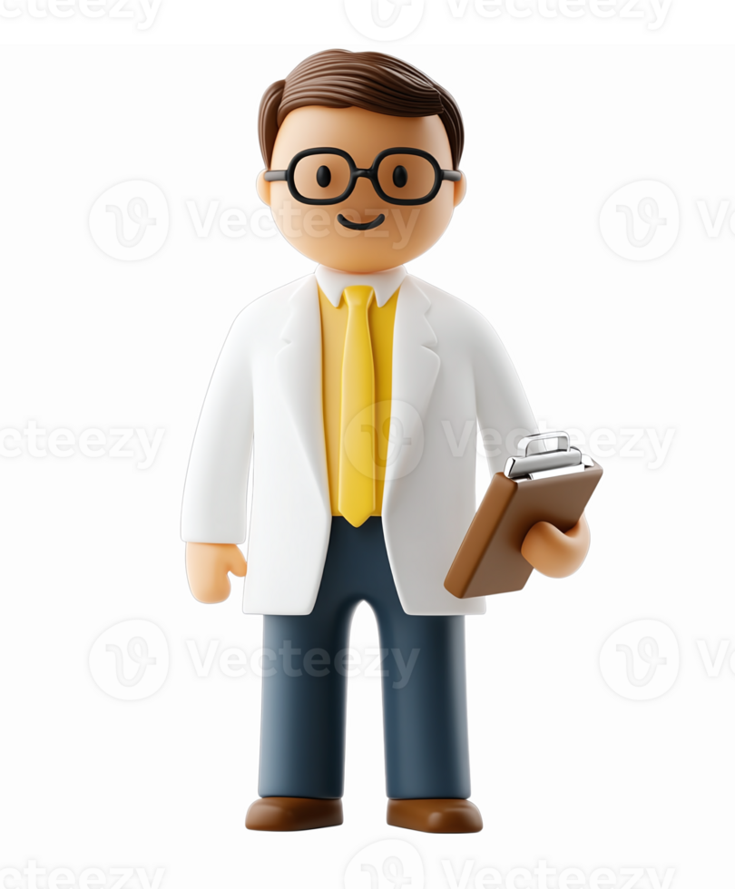 Friendly Doctor Character with Clipboard in White Coat and Glasses on Transparent Background png
